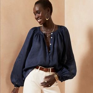 NWOT BANANA REPUBLIC RAMIE BALLOON SLEEVE SPRING NAVY BLOUSE MEDIUM